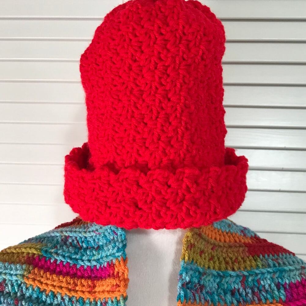 NWT Handmade Crocheted Red Multicolor Textured Beanie Scarf 49” - Picture 2 of 3